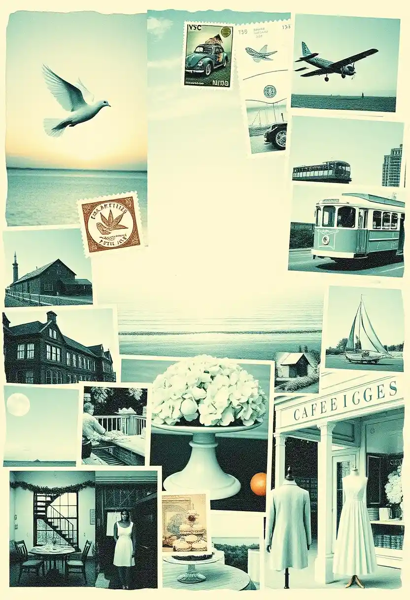 Monochrome collage of vintage travel and city fragments