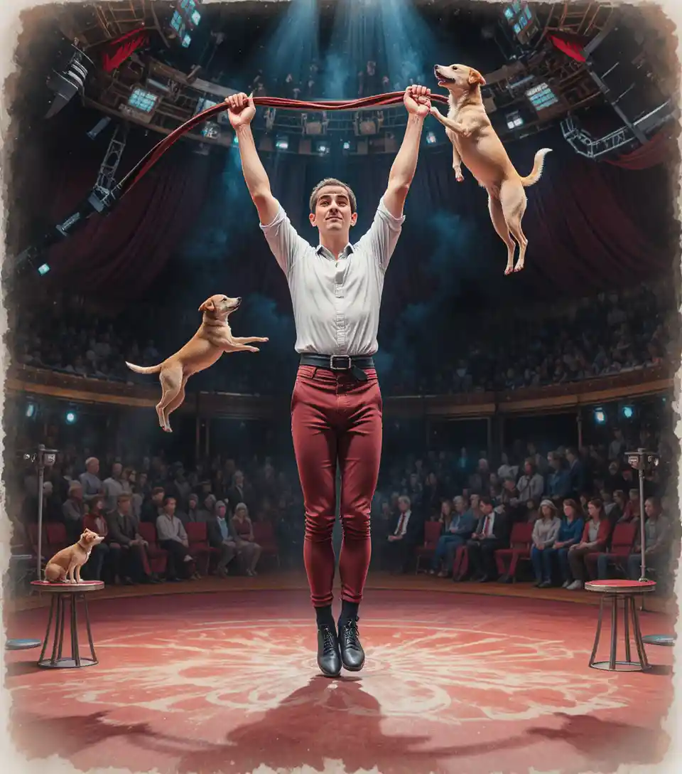 Dog trainer performing circus act under bright spotlights