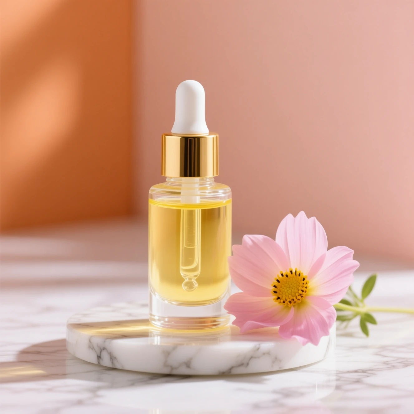 Glaspipettenflasche mit gelbem Serum und rosa Blume