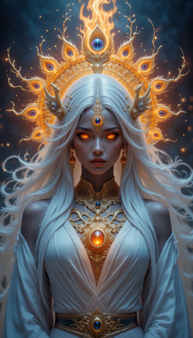 Mythic anime goddess with obsidian skin and triple glowing eyes