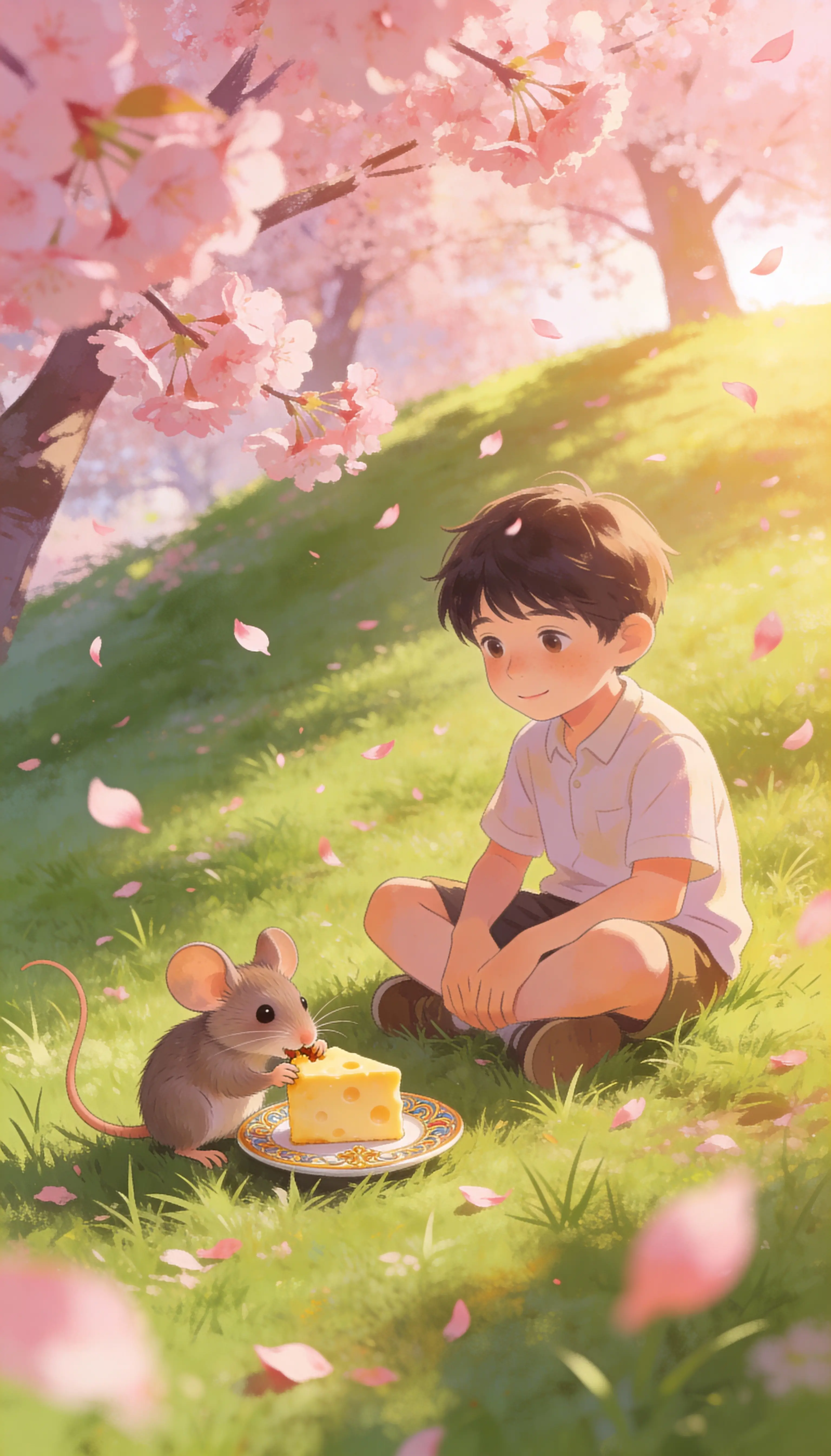 Young boy resting on a grassy hill under cherry blossoms