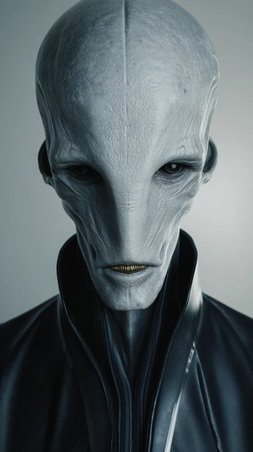 Futuristic humanoid creature in glossy black visor suit portrait