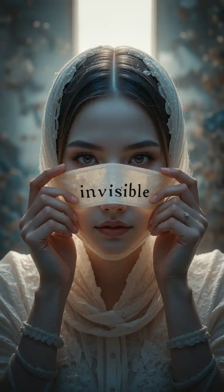 Hands lifting an invisible mask to reveal confident eyes beneath