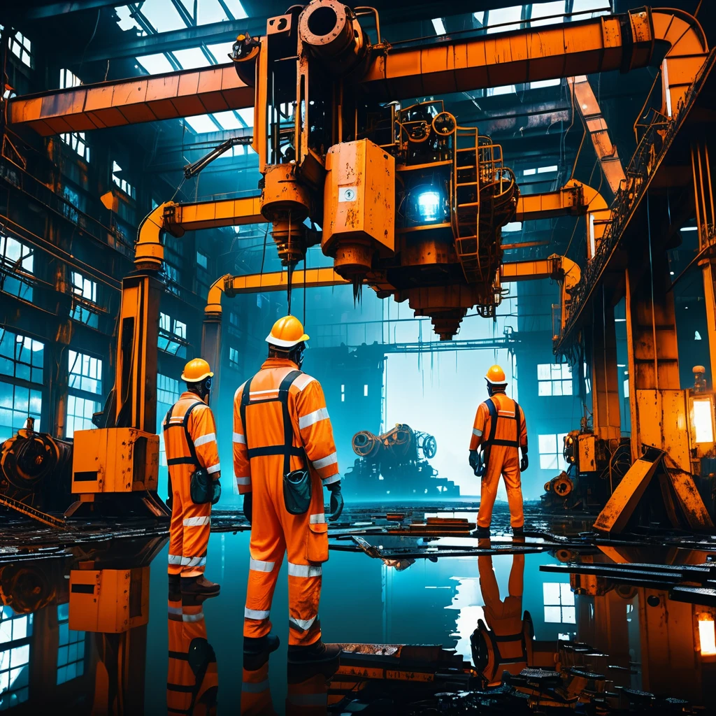 Ingénieurs Récupérant des Pièces dans une Usine Industrielle en Ruines