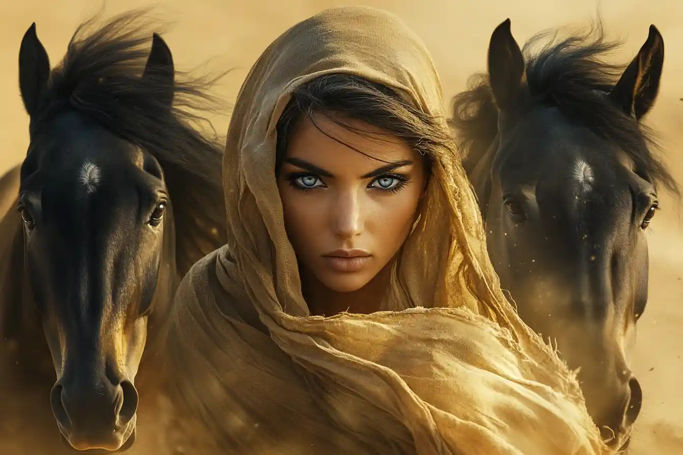 Mysterious veiled woman with black horses in desert sand