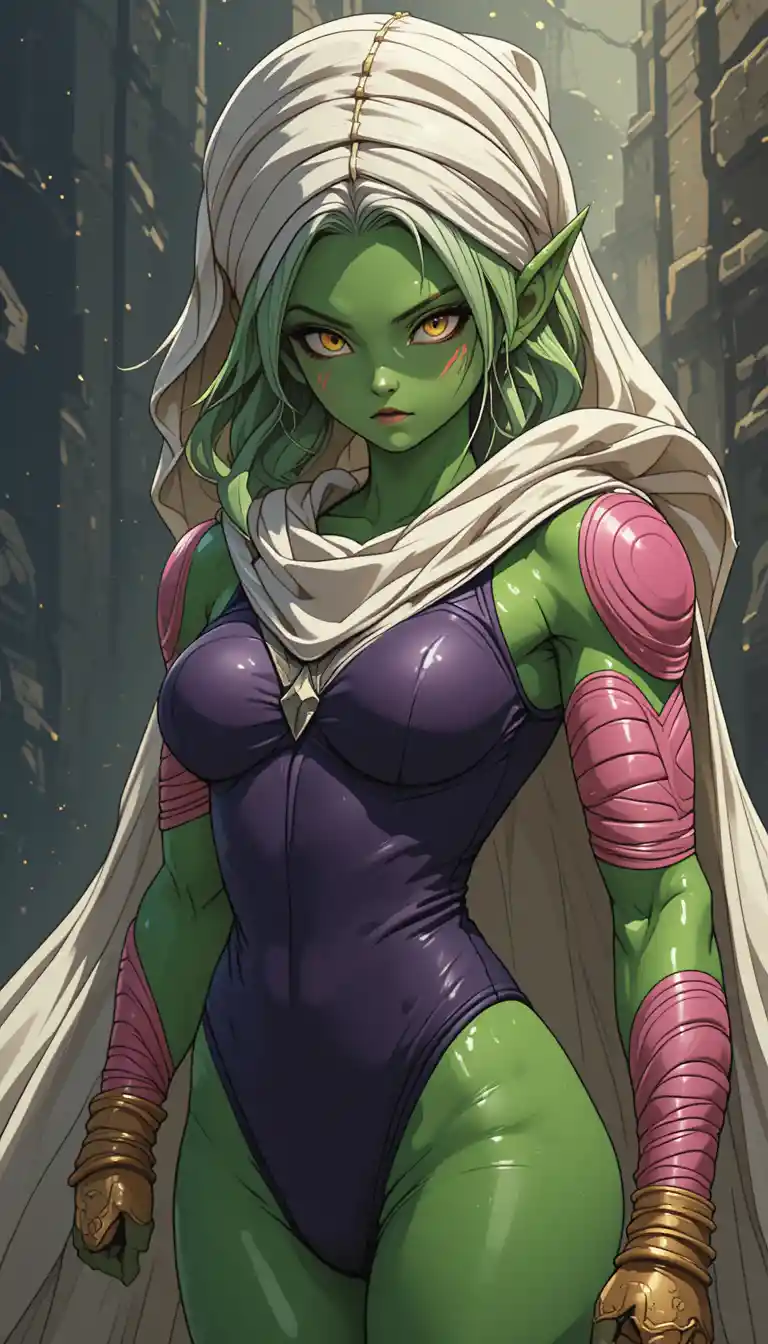Green female warrior with cape in anime fantasy style