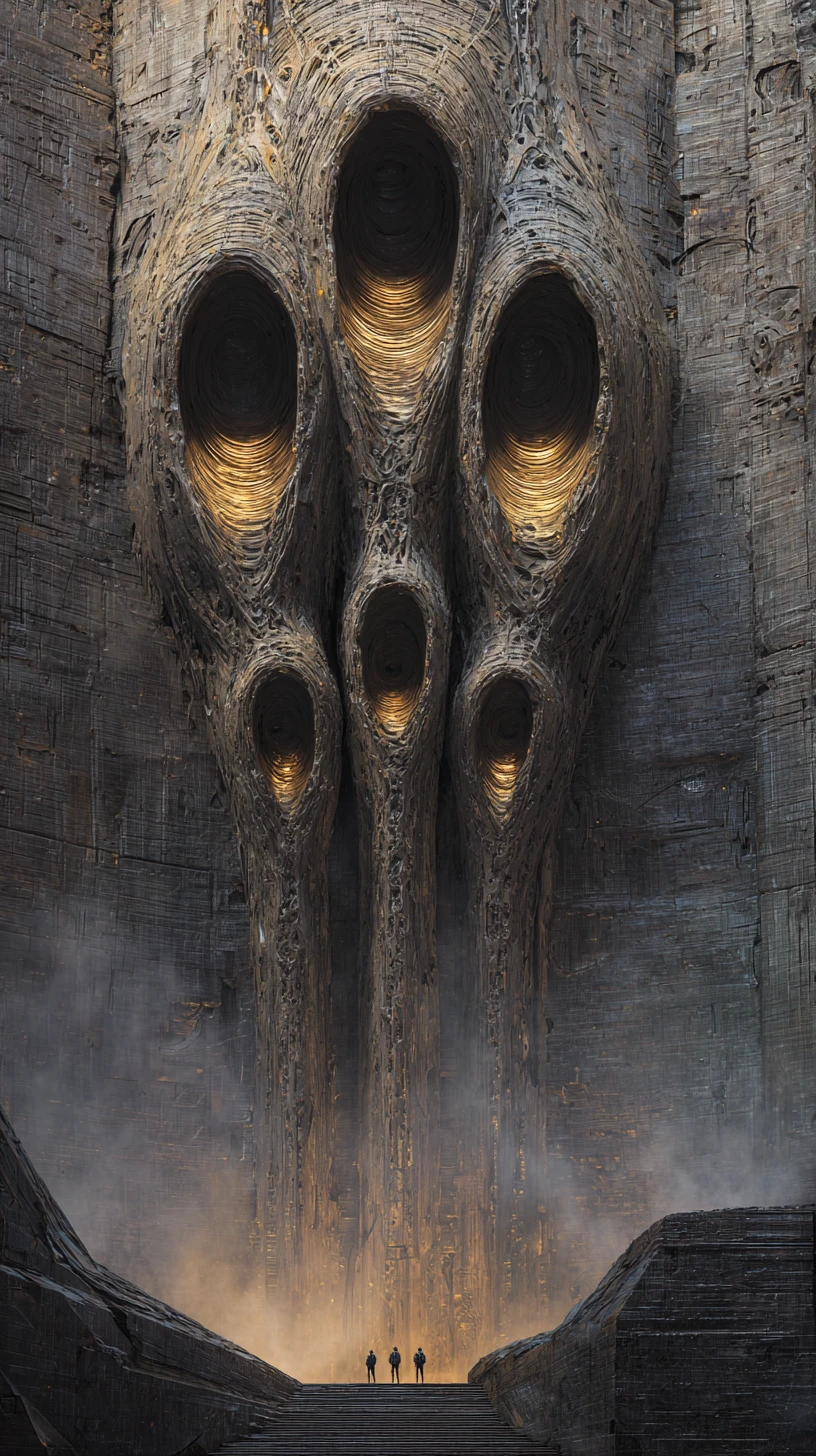 Colossal dystopian structures carved into a black cliff