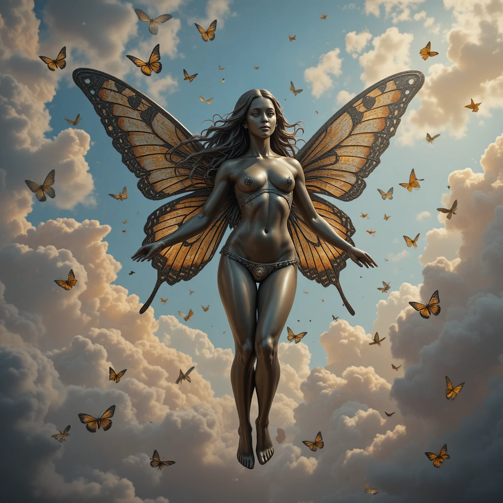 Bronze winged girl statue flying through red clouded sky