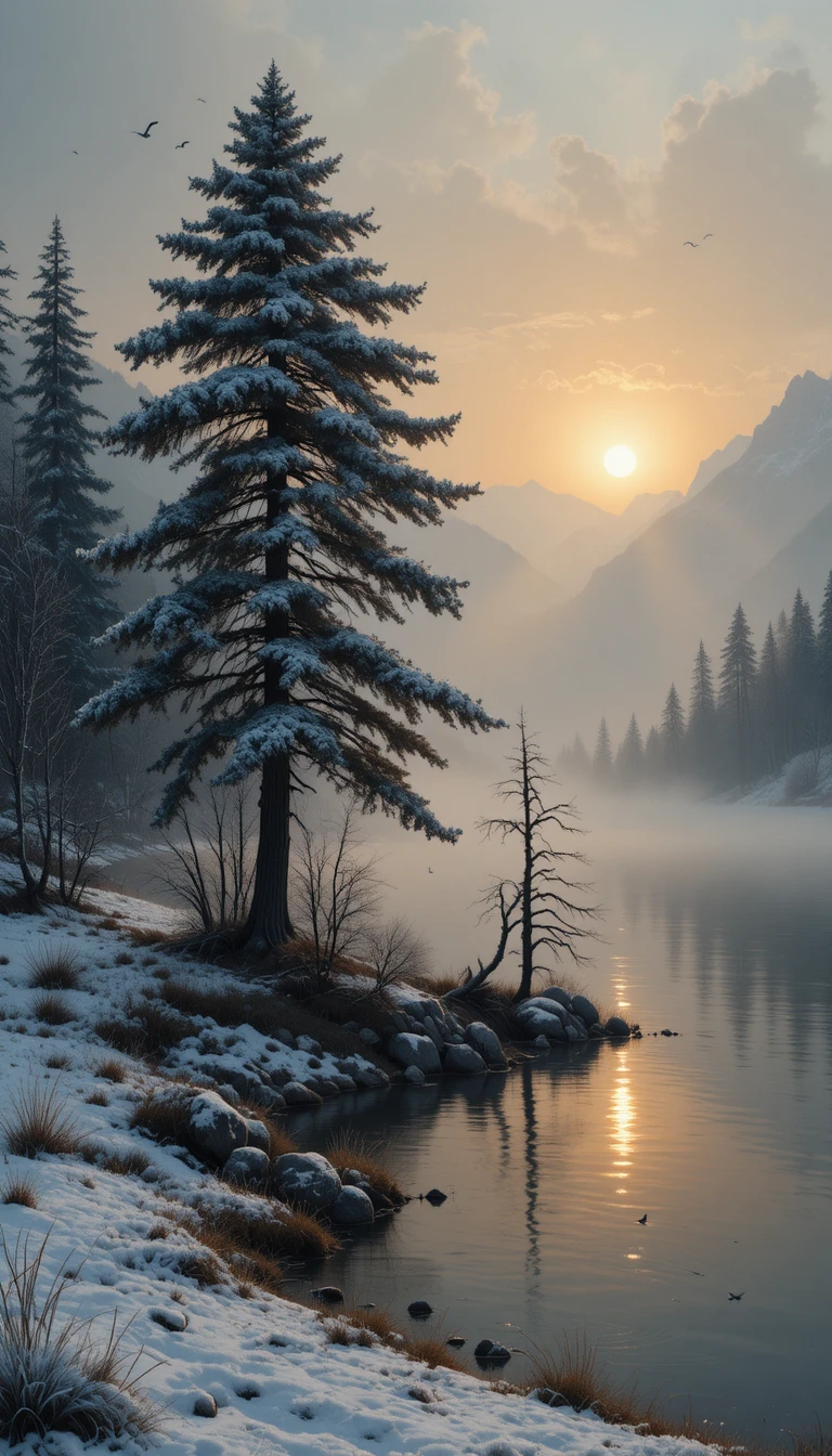 Nebliger winterlicher Sonnenuntergang über einem ruhigen Bergsee