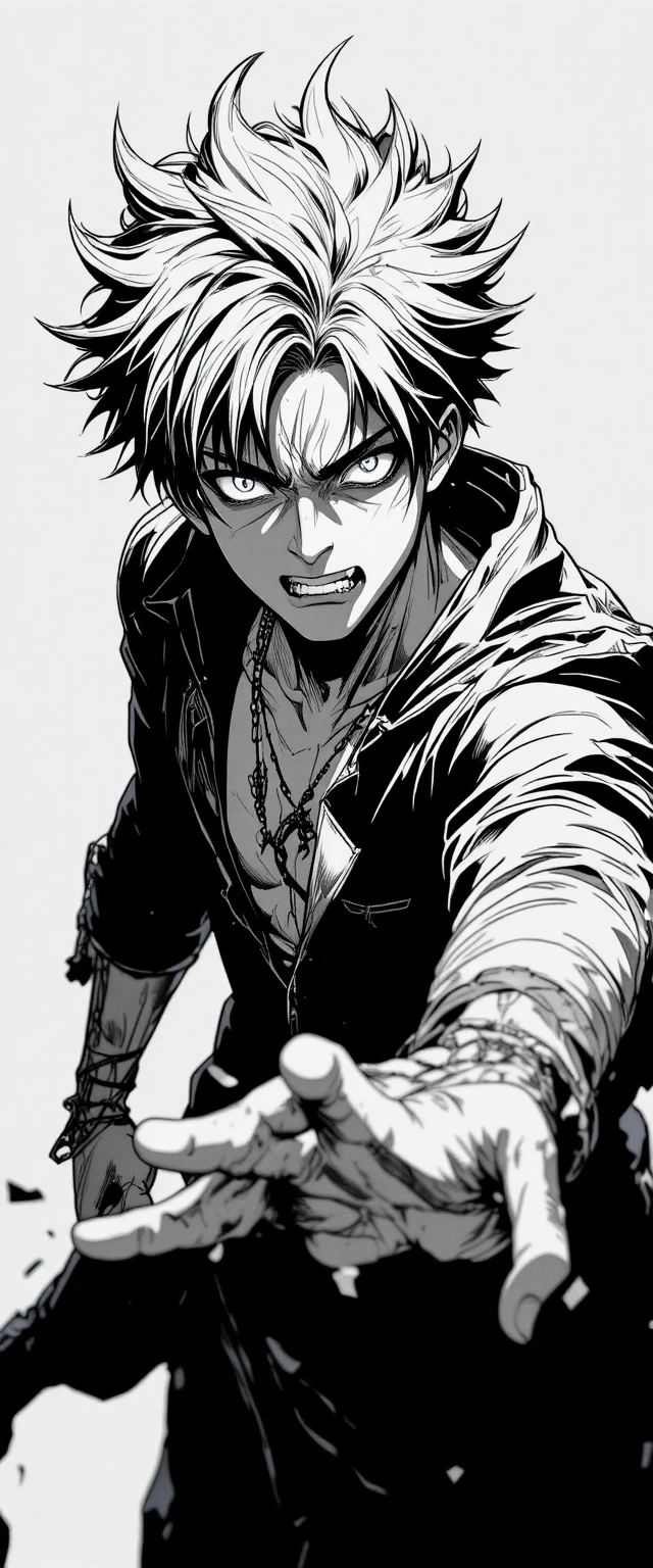 Wütender Anime-Junge in dramatischer Schwarz-Weiß-Manga-Pose