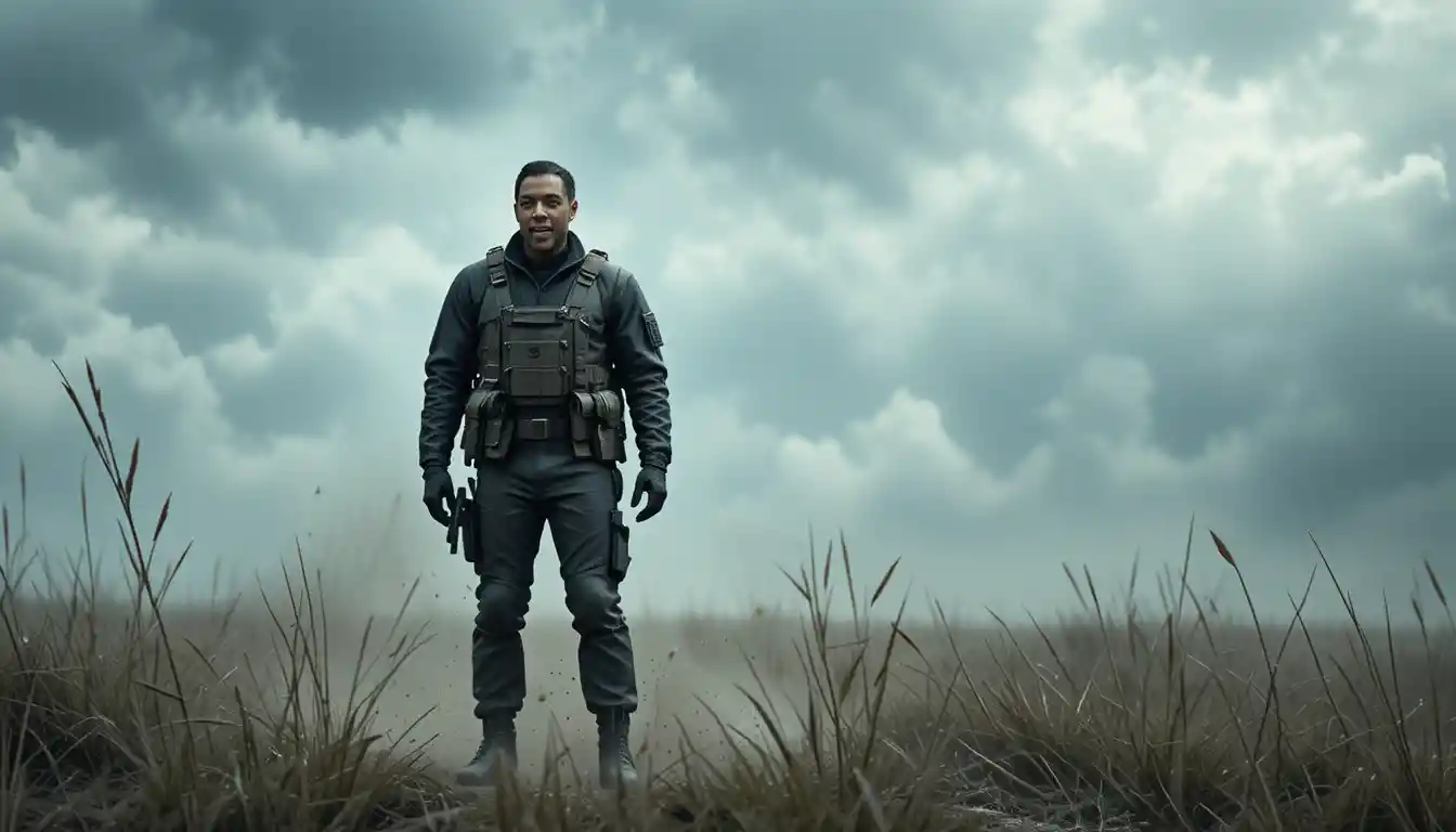 Lone soldier standing in a stormy battlefield wind