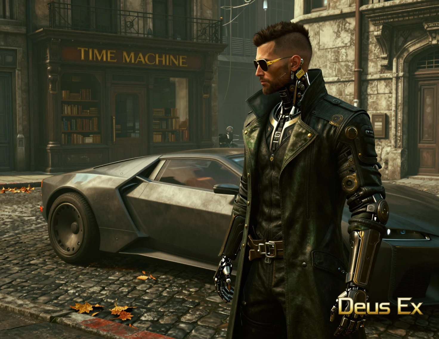 Détective augmenté à un coin de rue cyberpunk européen