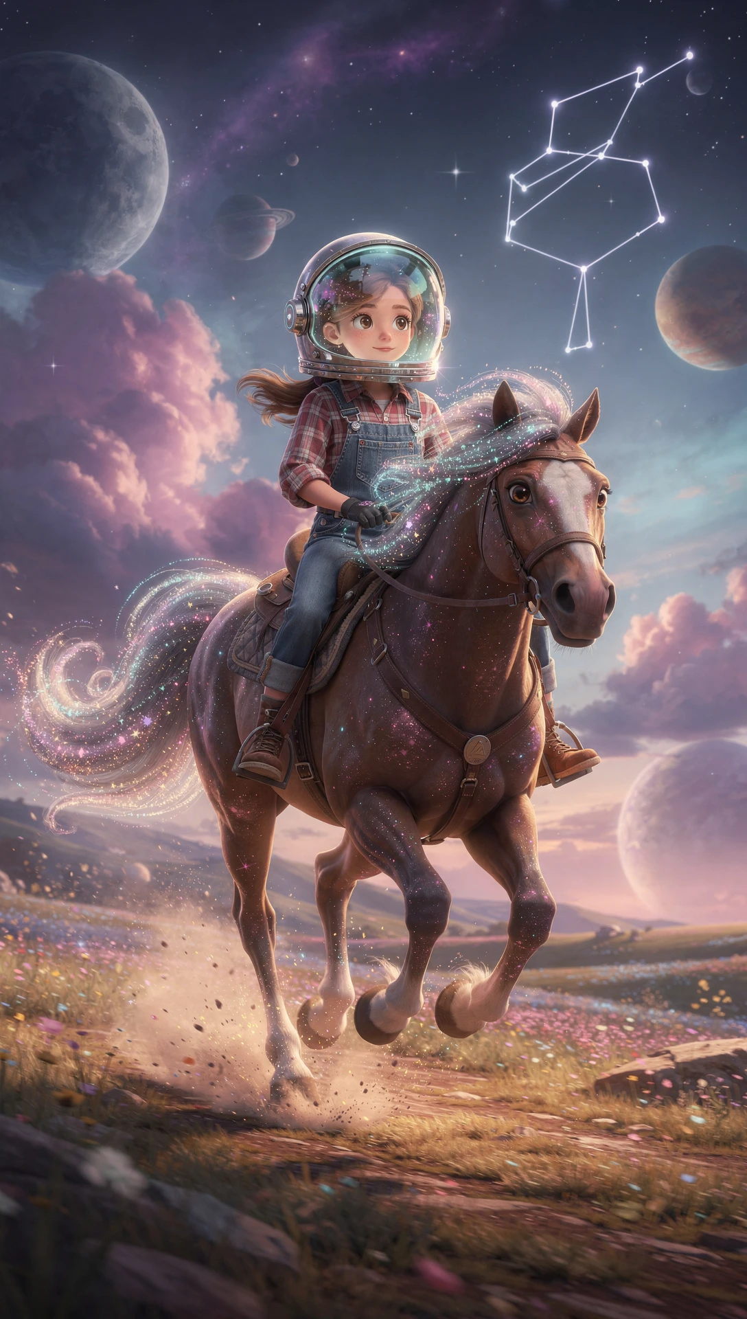 Farm girl astronaut riding a galactic horse through nebulae
