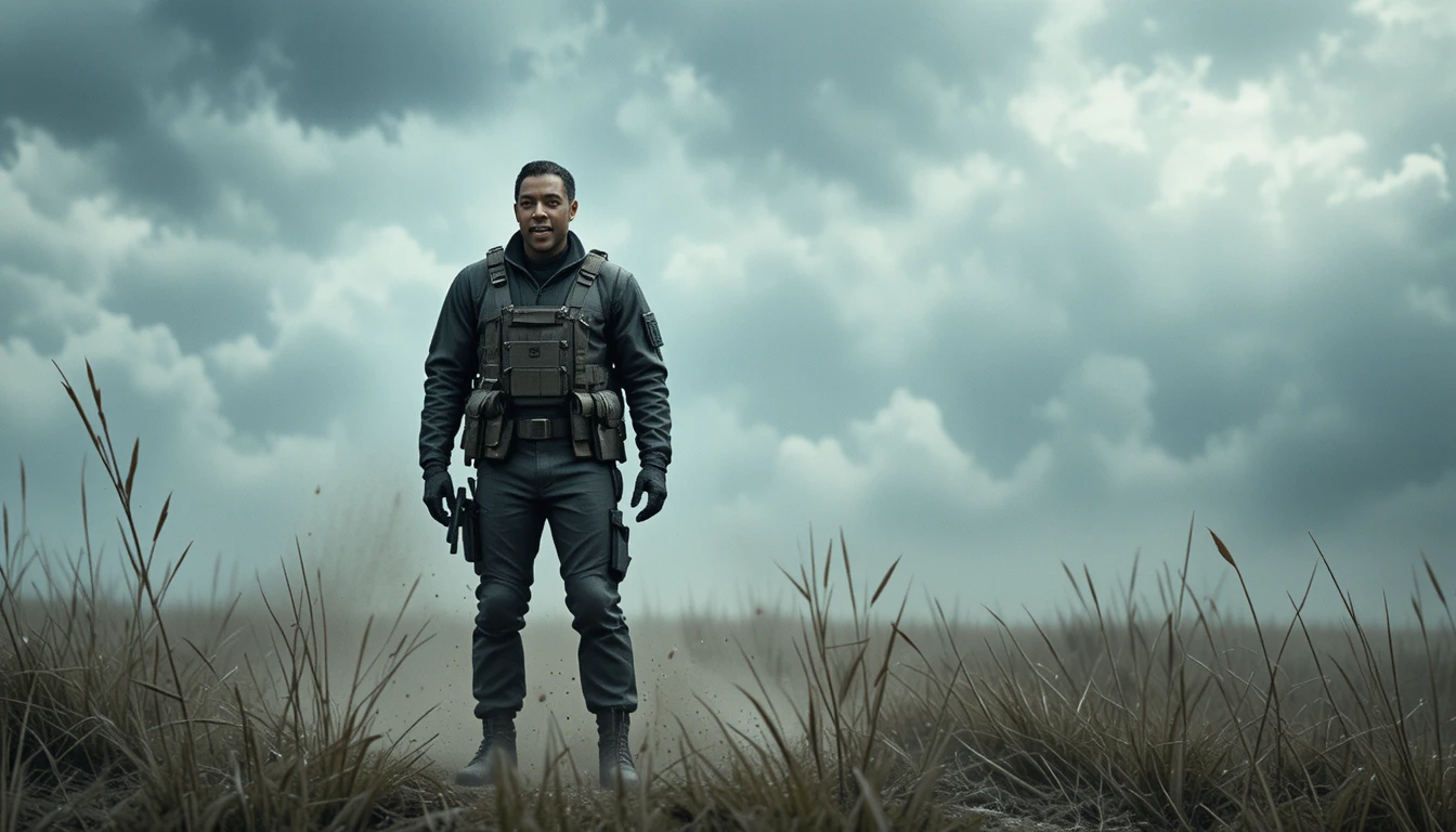 Lone soldier standing in a stormy battlefield wind