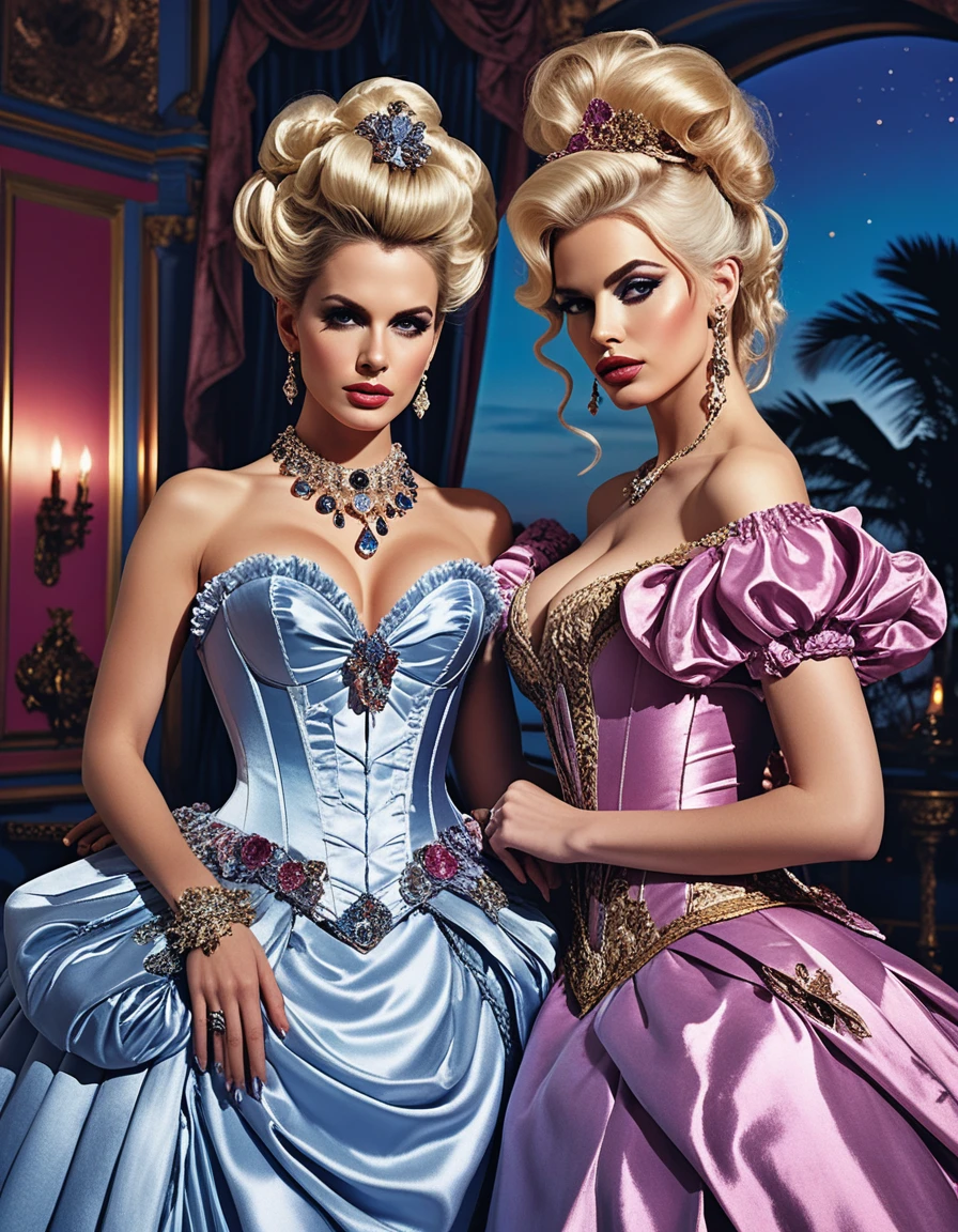 Two glamorous women greeting viewer at rococo costume party