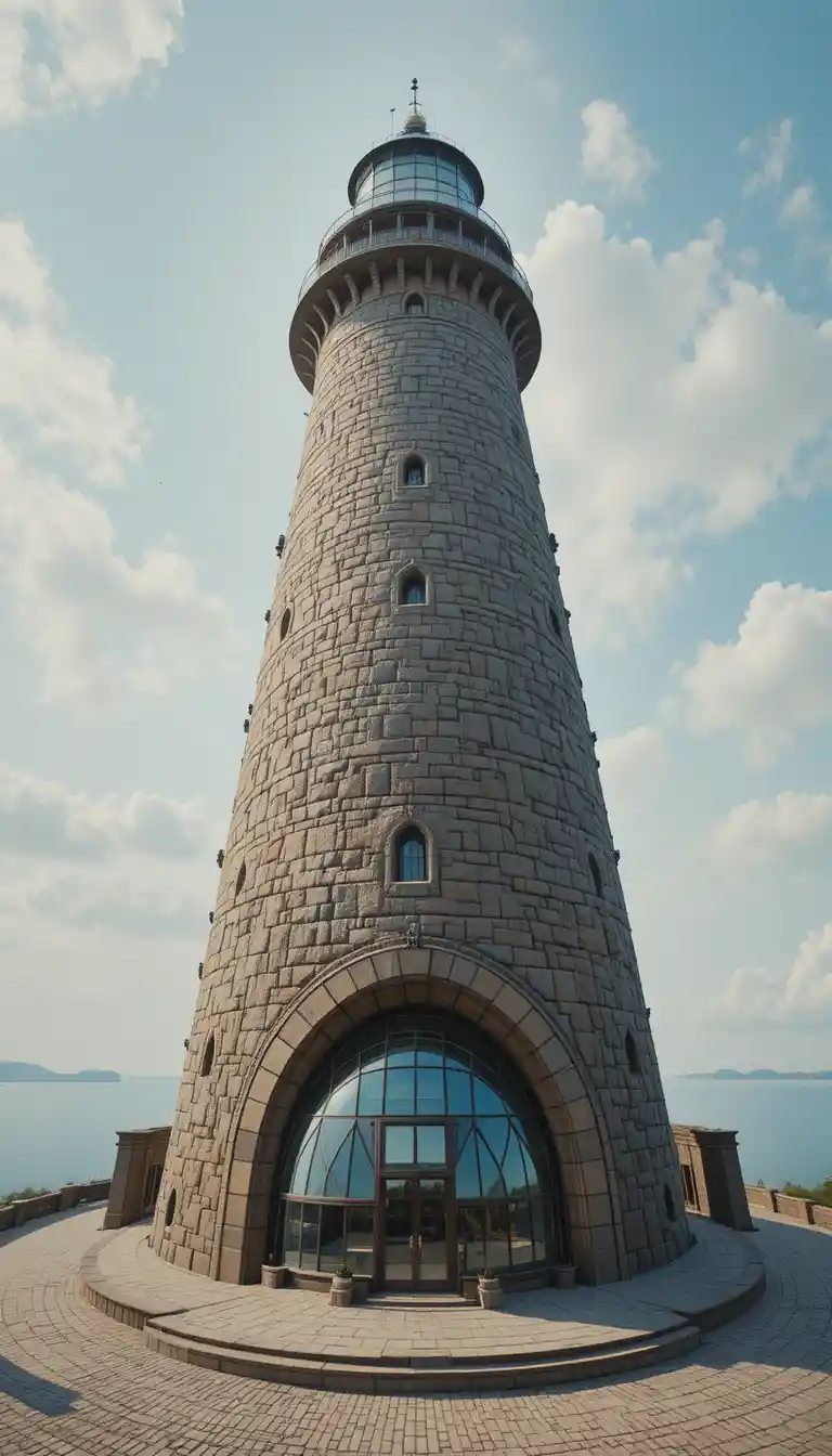 Colossal beehive lighthouse above a cobblestone plaza