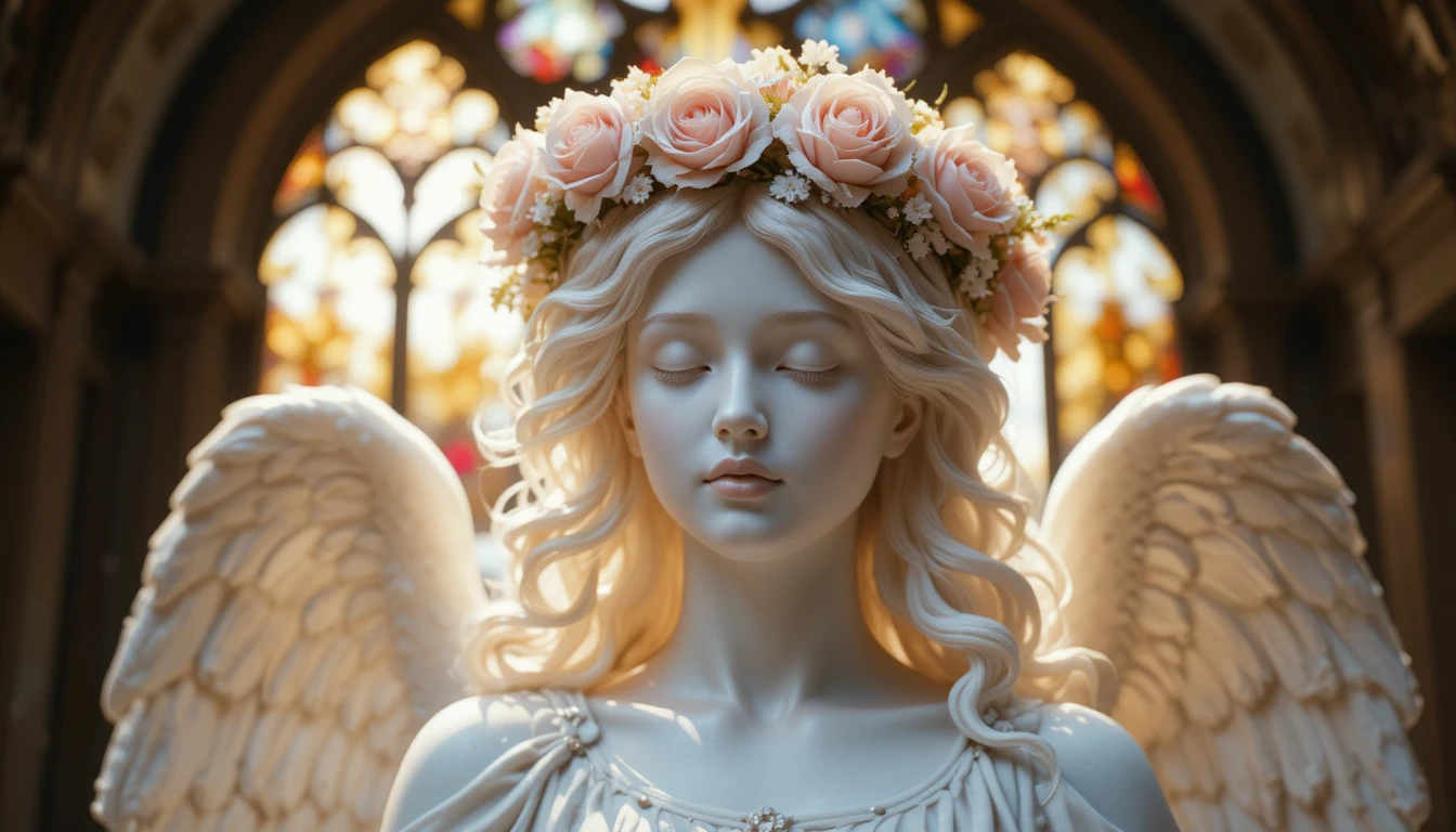 Statue d’ange en marbre avec couronne de fleurs dans une lumière éclatante