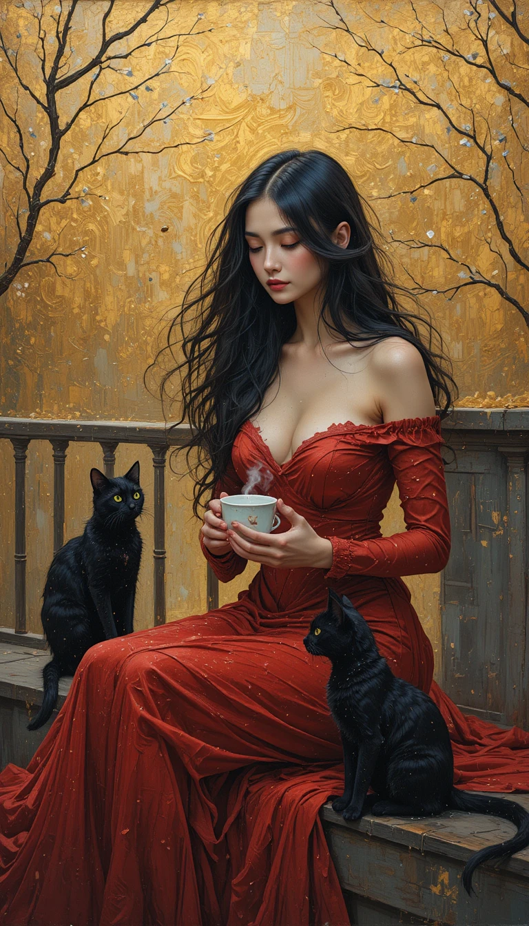 Young woman in red dress on balcony with black cat