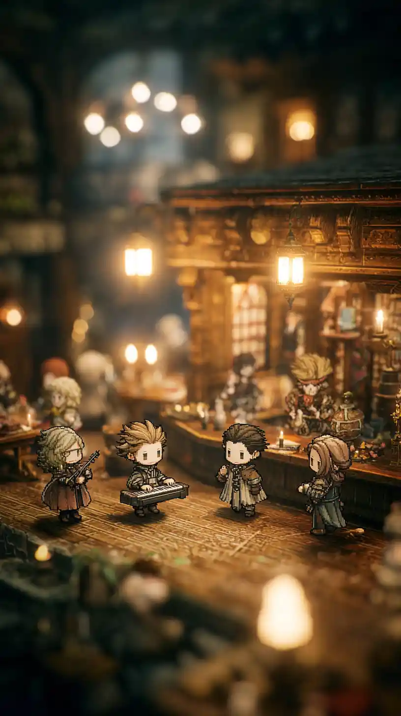 Abenteurergruppe und Katze spielen Musik in gemütlichem Gasthaus