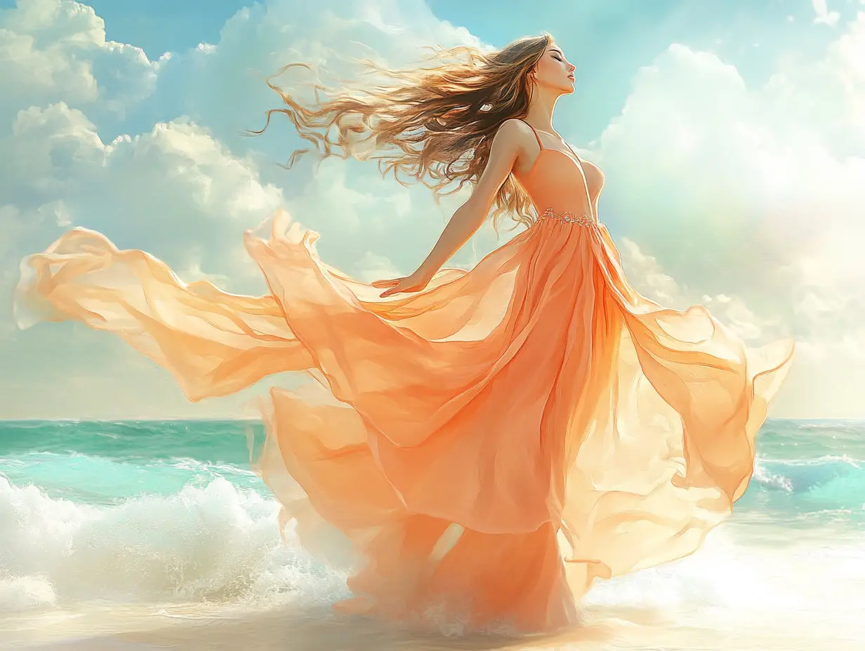 Woman in flowing gown on sunlit beach
