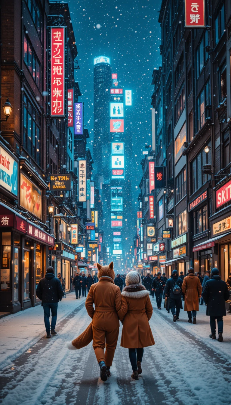 네온 불빛이 반짝이는 눈 내리는 밤의 도시 거리