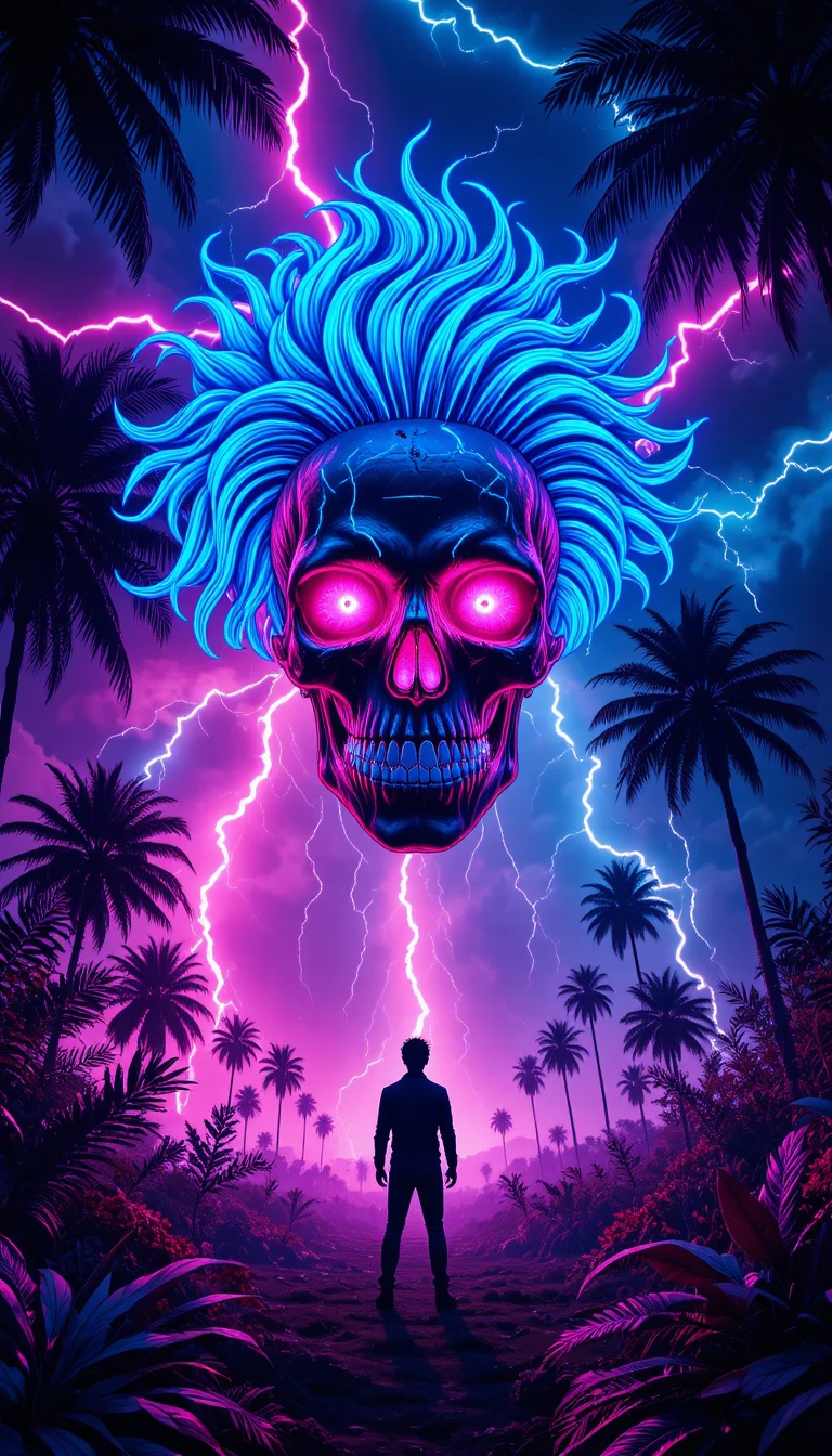 Caveira neon psicodélica com cabelo azul elétrico e raios