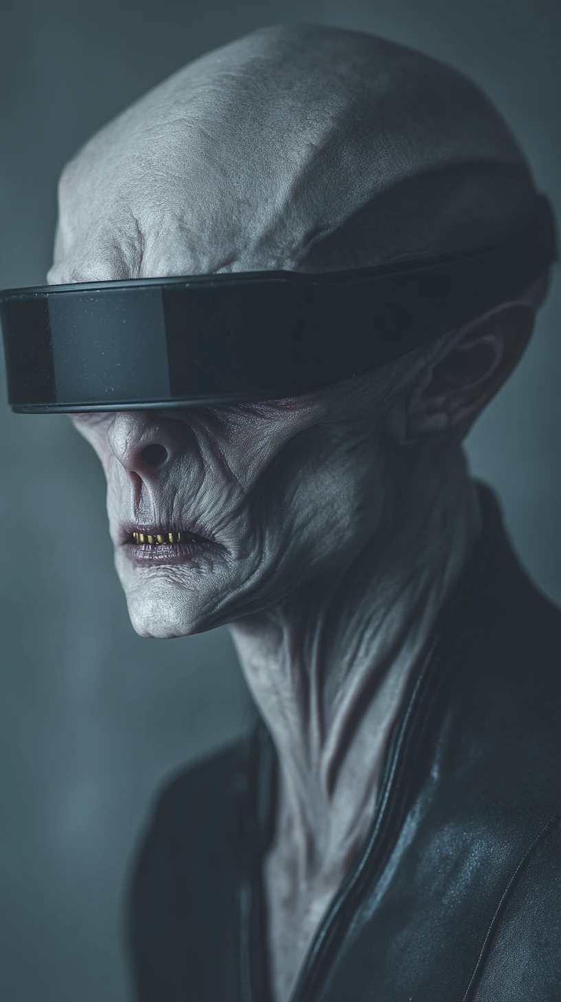Futuristic humanoid creature portrait with reptilian eyes
