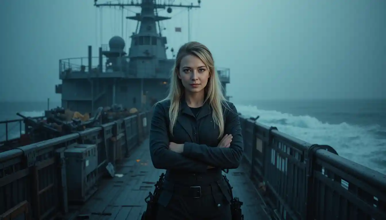 Female mercenary captain on foggy yacht deck at dusk