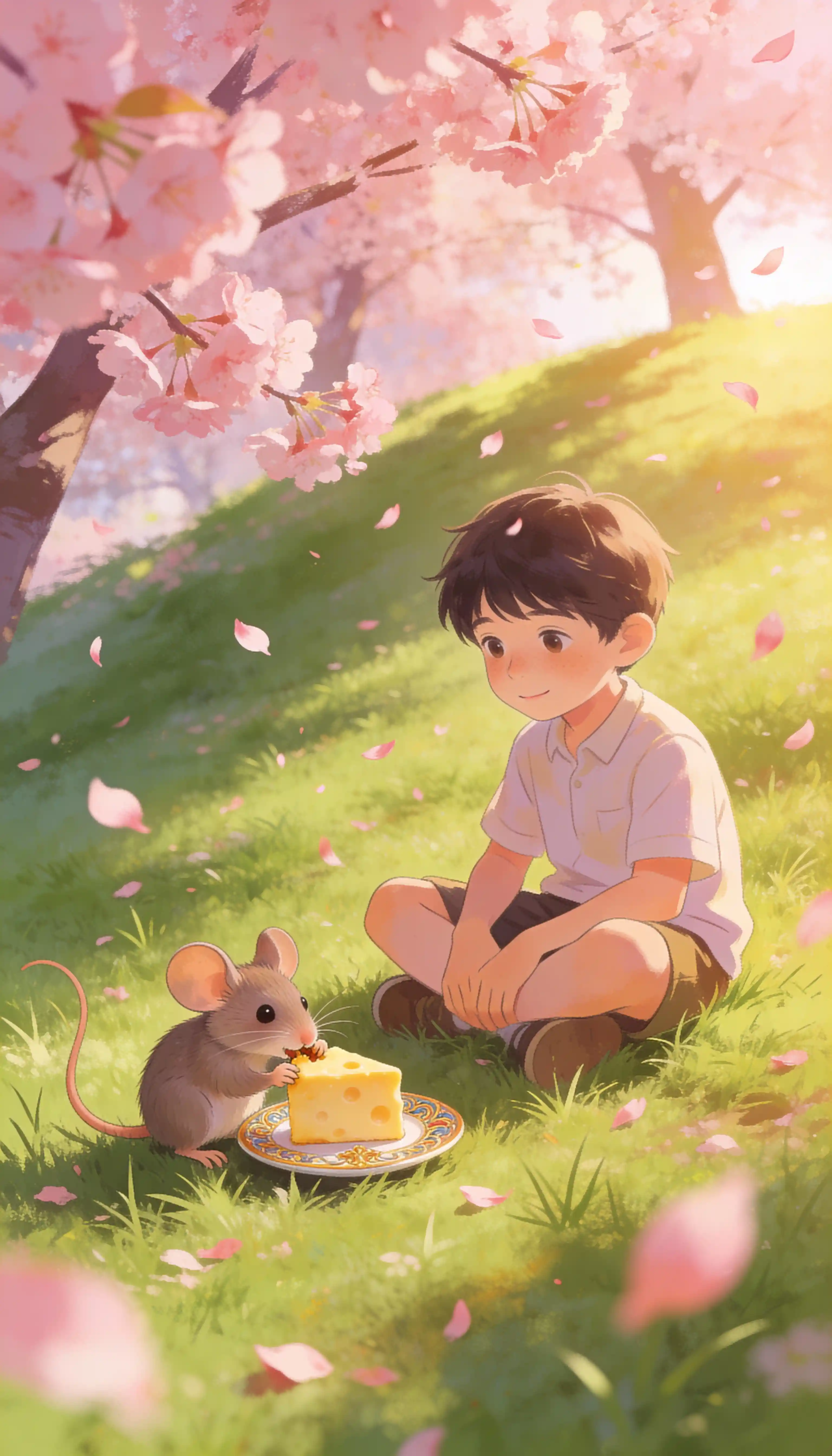 Young boy resting on a grassy hill under cherry blossoms