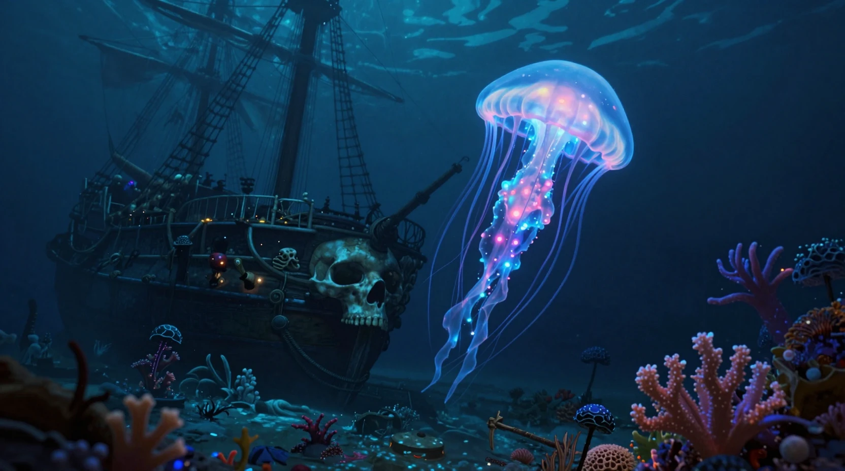 Bioluminescent jellyfish over a ghostly sunken galleon