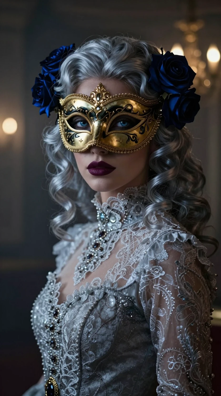 Masked woman in victorian lace in a misty ballroom
