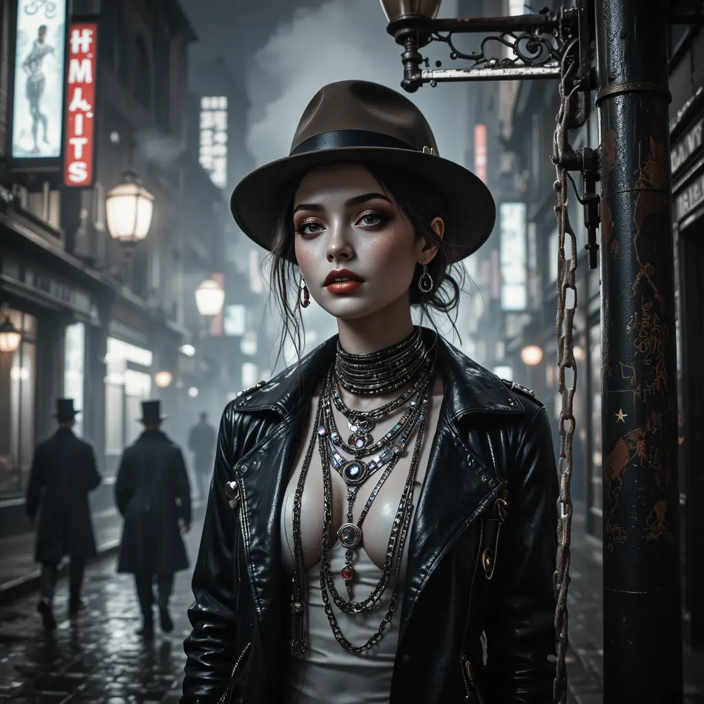 Cybernetic femme fatale in chains in a foggy alley poster