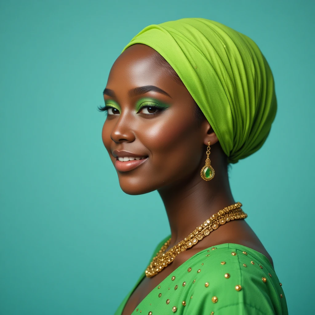 Profile portrait of young African woman in green hijab