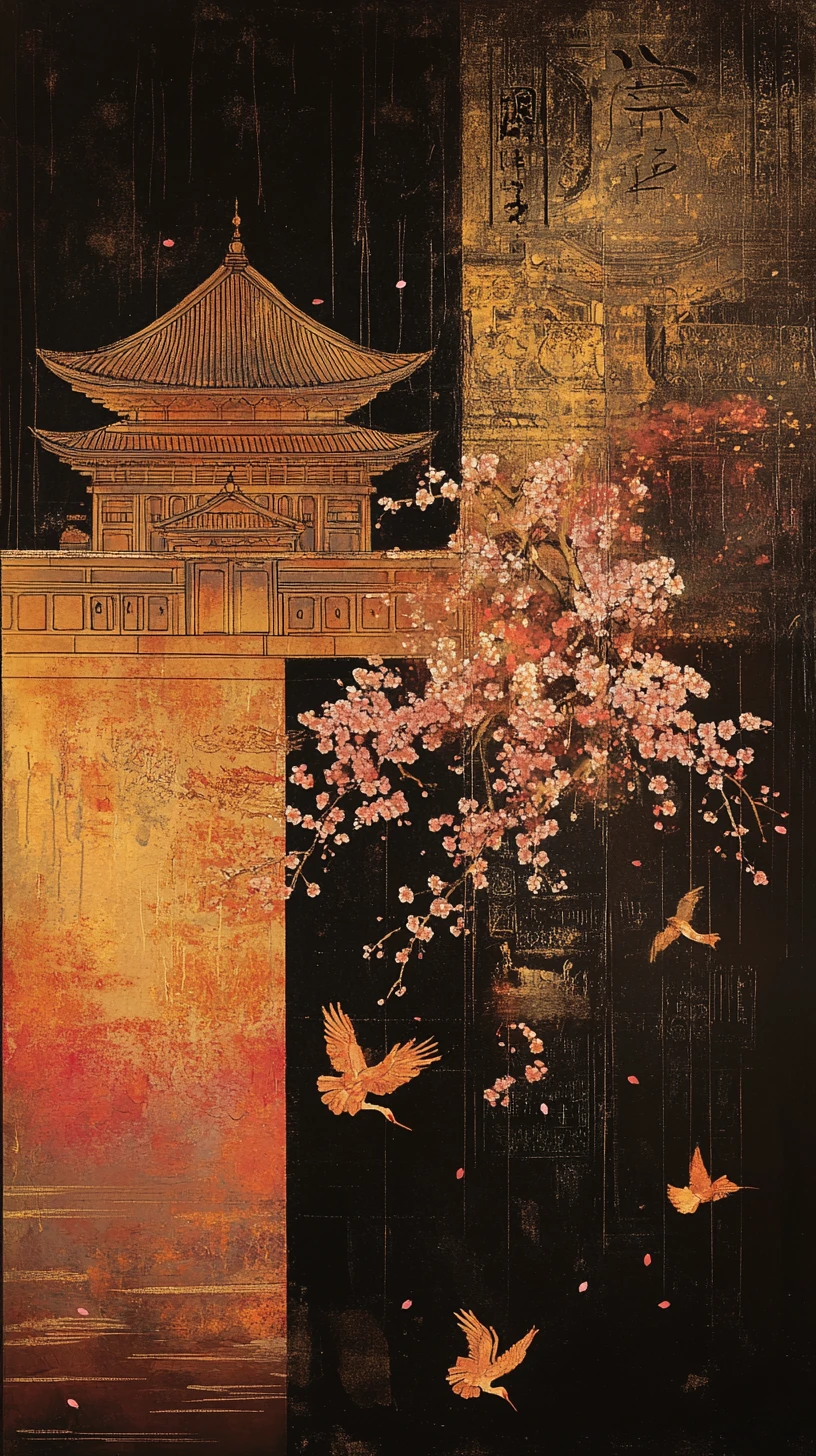 鶴與櫻花點綴的日本寺院景觀