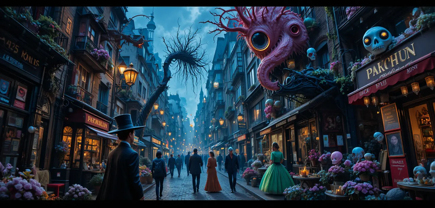 Monstros de fantasia lúdicos em uma rua colorida de Paris