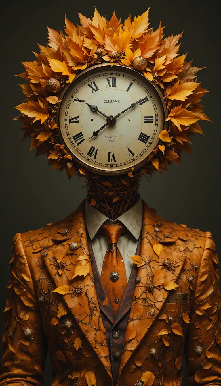 Surrealistisches Porträt einer Uhrkopf-Figur im Blätteranzug