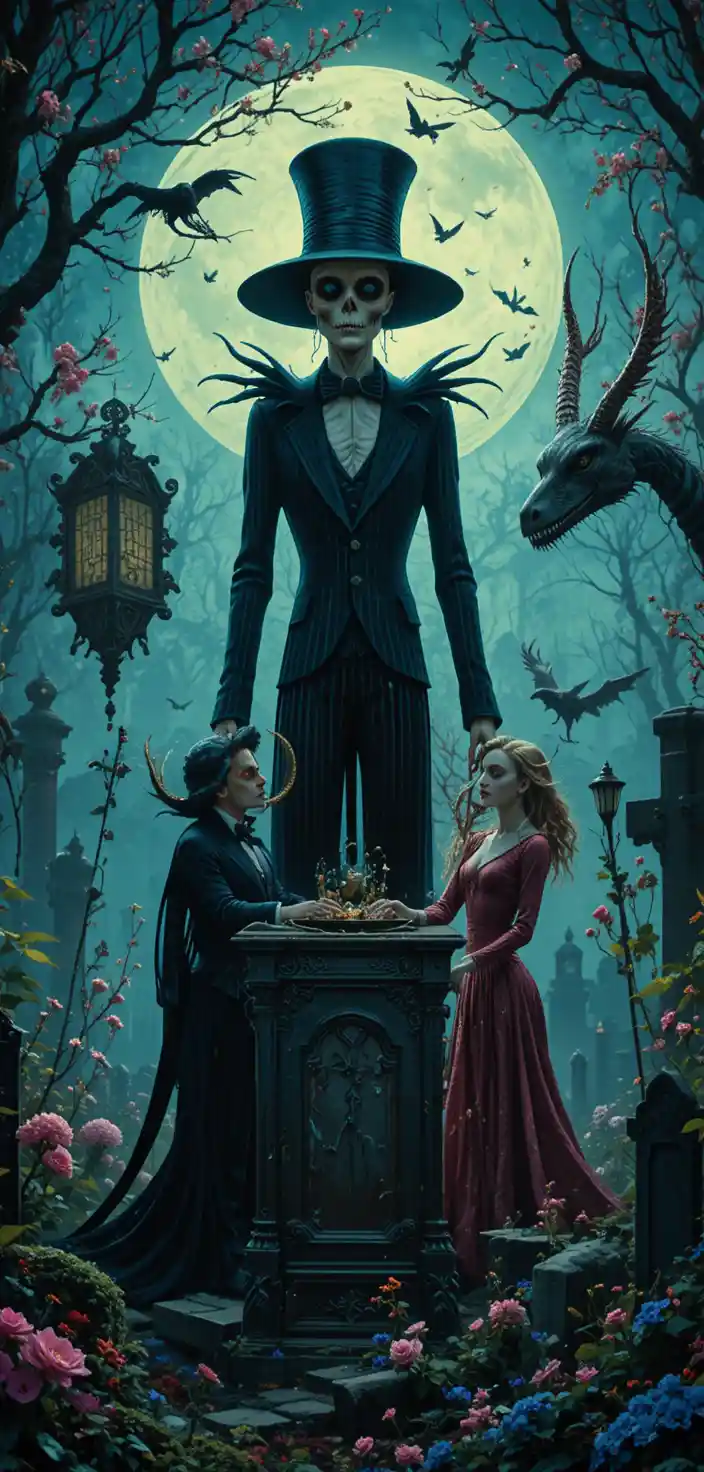 Criaturas coloridas e fantasiosas em um cemitério de fantasia retrô