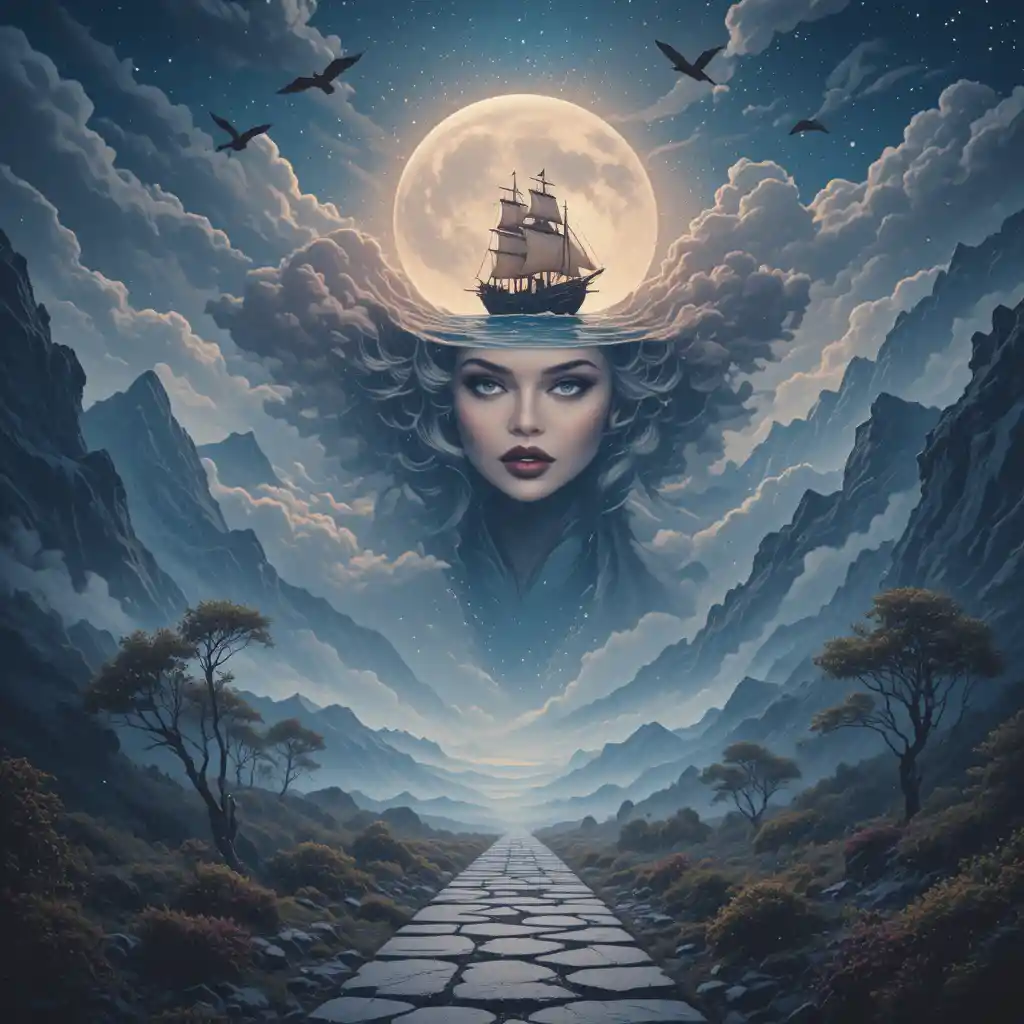 Mystical Woman In The Clouds Watching A Lone Ship