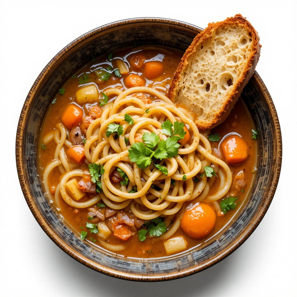 Bol de soupe iranienne aux nouilles avec pain et légumes frais