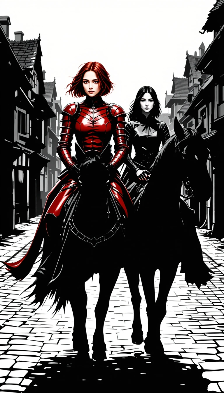 Warrior women on black horses enter a medieval village