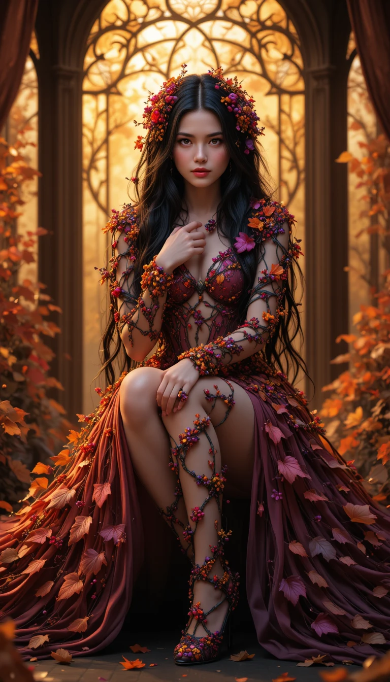 Autumn goddess woman seated in a full body pose