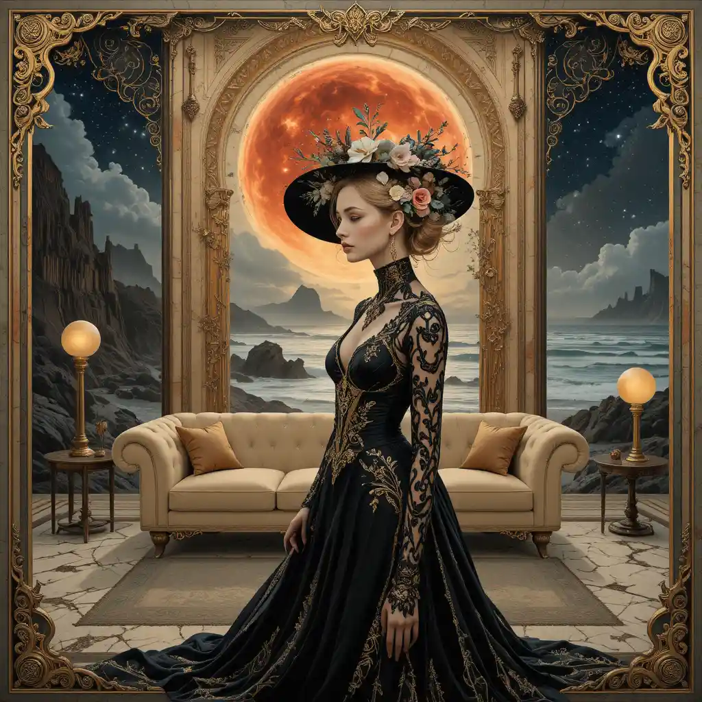 Gothic woman with cosmic hair in surreal portrait