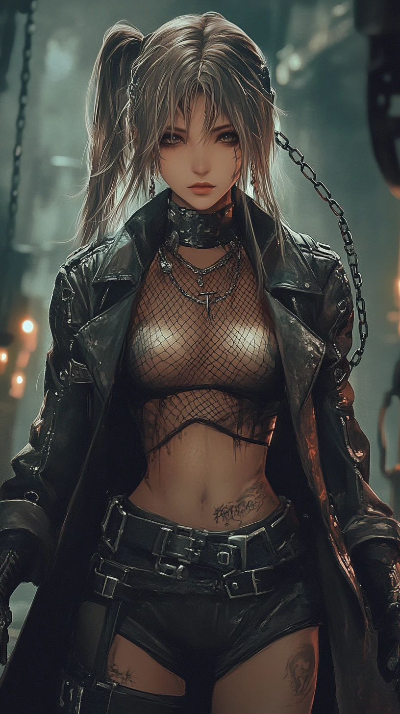 Defiant anime girl in chains lit by flickering candlelight
