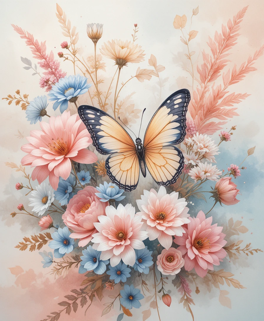Suave ramo en acuarela con mariposas y follaje dorado