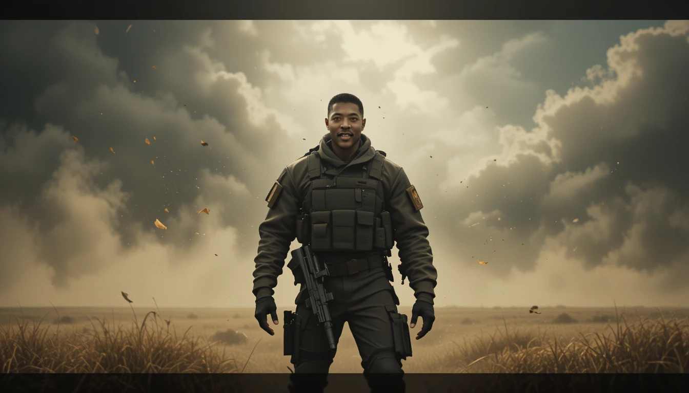 Black sergeant standing alone in a windy battlefield field
