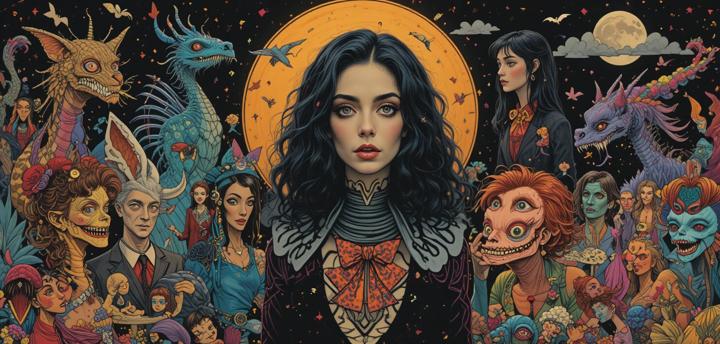 Whimsical fantasy creatures in bold retro graphic style