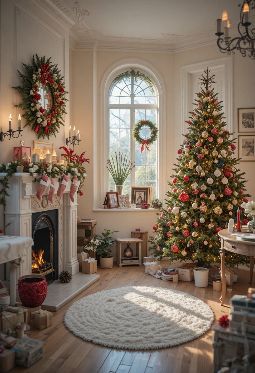 Cozy living room with Christmas tree and festive decorations