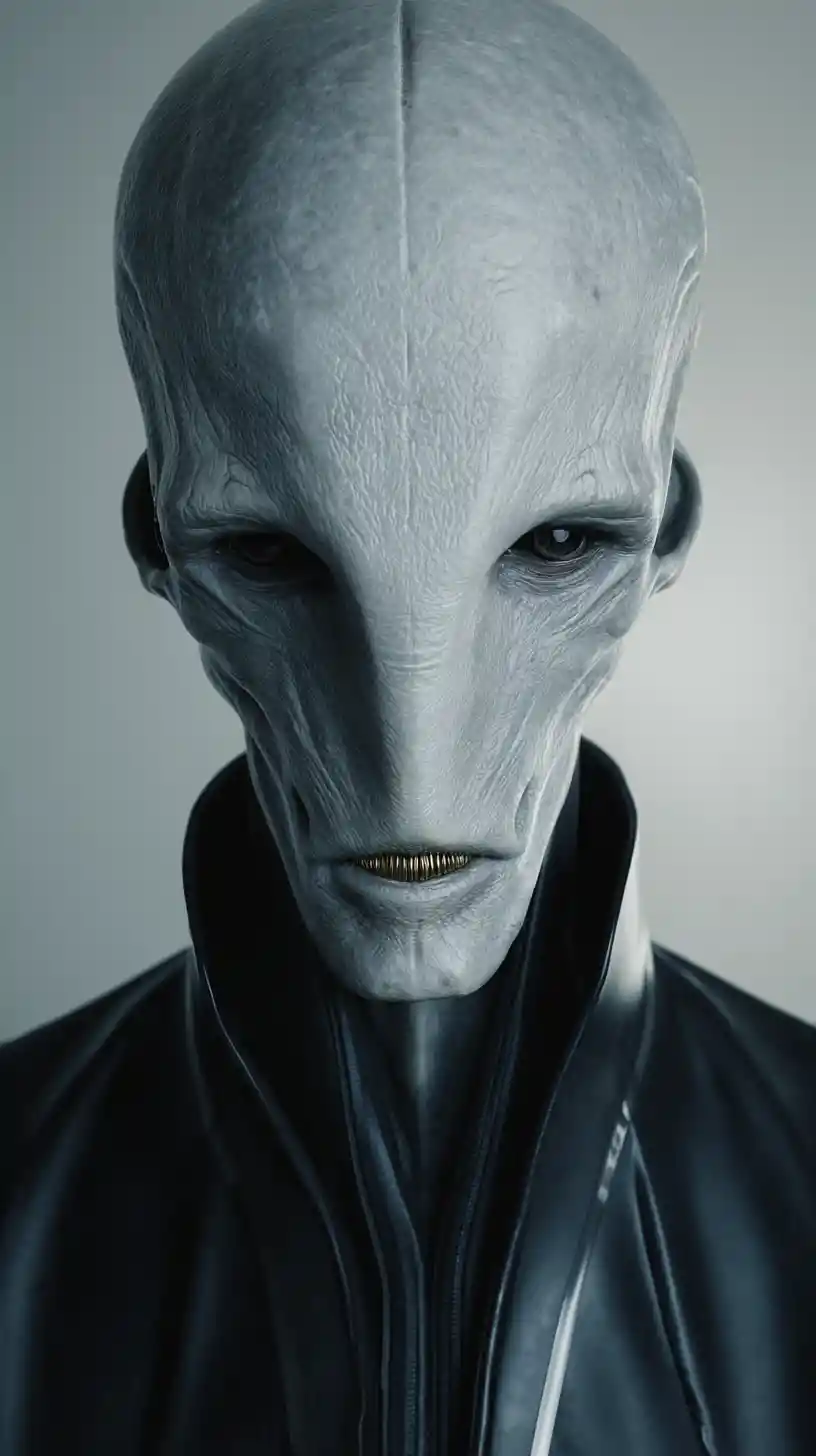 Criatura humanoide futurista con traje negro brillante y visor – retrato