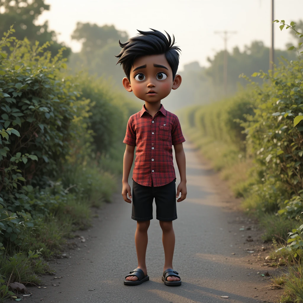Worried young boy on a quiet rural road at sunrise