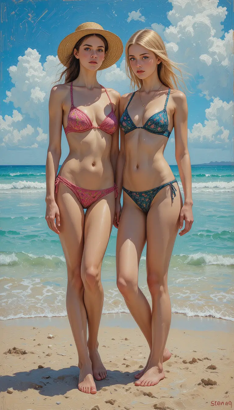 ビーチでくつろぐ2人の優雅な女性の油絵